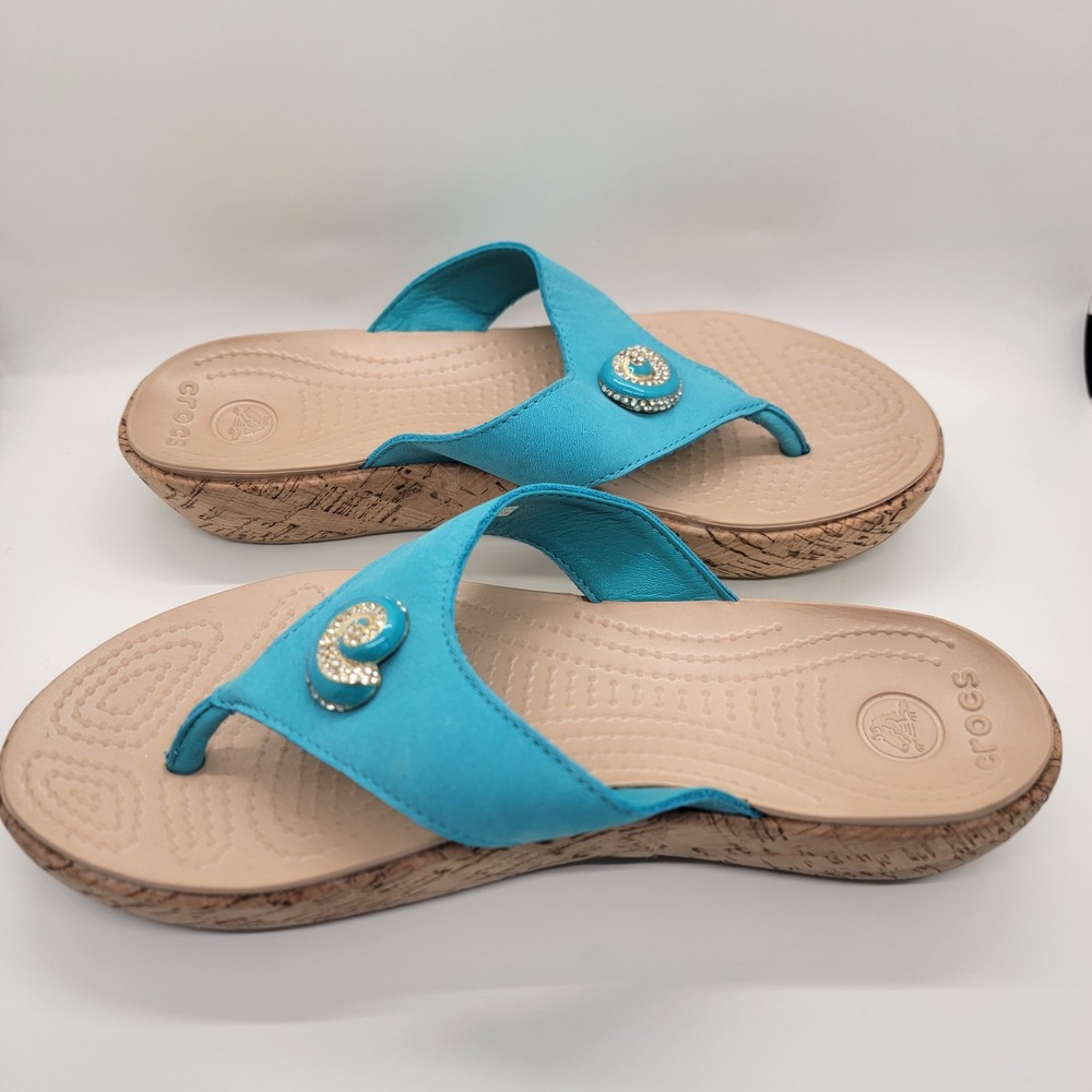 Crocs A-Leigh Jewel Wedge Flip Flops Women 7 Turquoise Leather Rhinestone Sandal - Picture 7 of 11